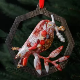 Mordovian jewelry Christmas tree toy "Bullfinch" garnet